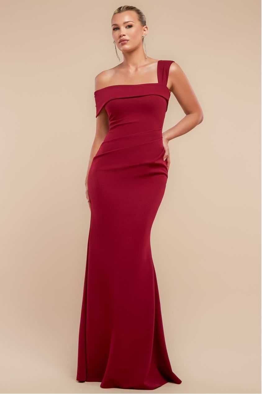 Off The Shoulder Pleated Waist Maxi Dress - Wine DR2594
