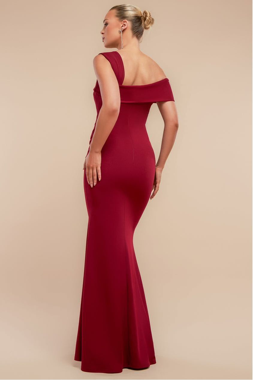 Off The Shoulder Pleated Waist Maxi Dress - Wine DR2594