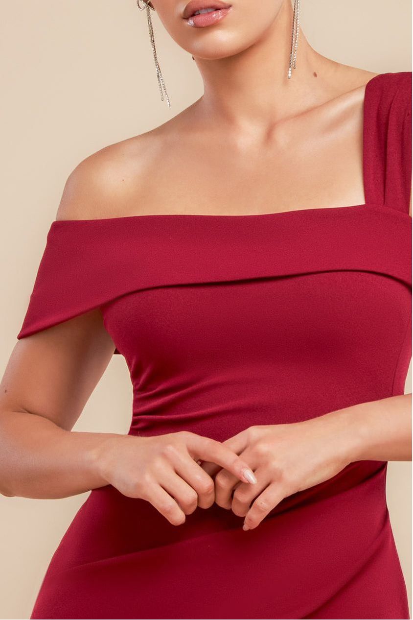 Off The Shoulder Pleated Waist Maxi Dress - Wine DR2594