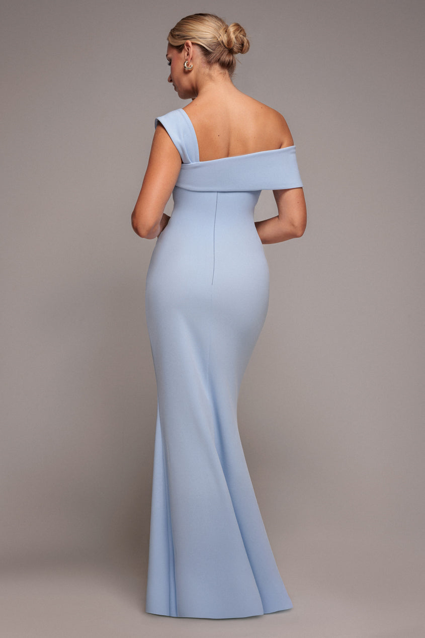 Off The Shoulder Pleated Waist Maxi Dress - Blue DR2594