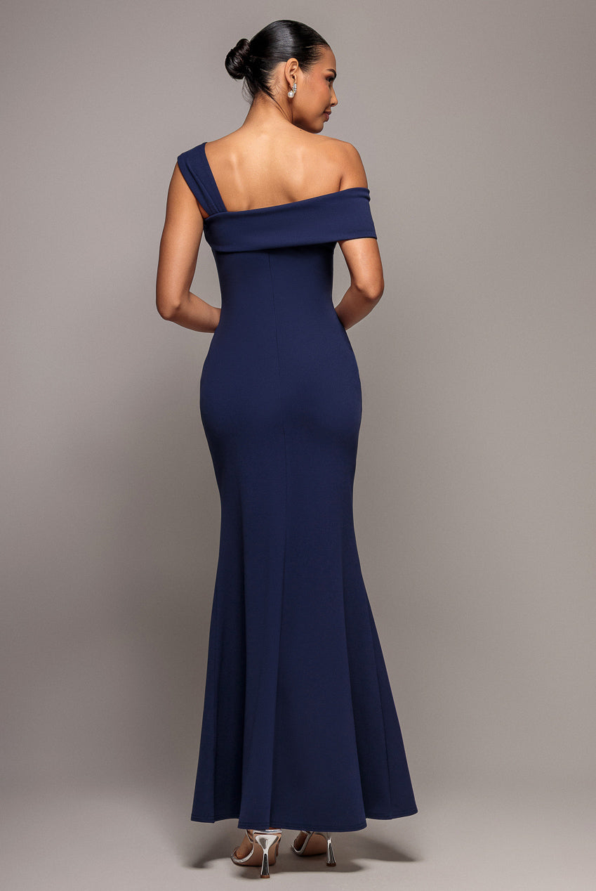 Off The Shoulder Pleated Waist Maxi Dress - Navy DR2594