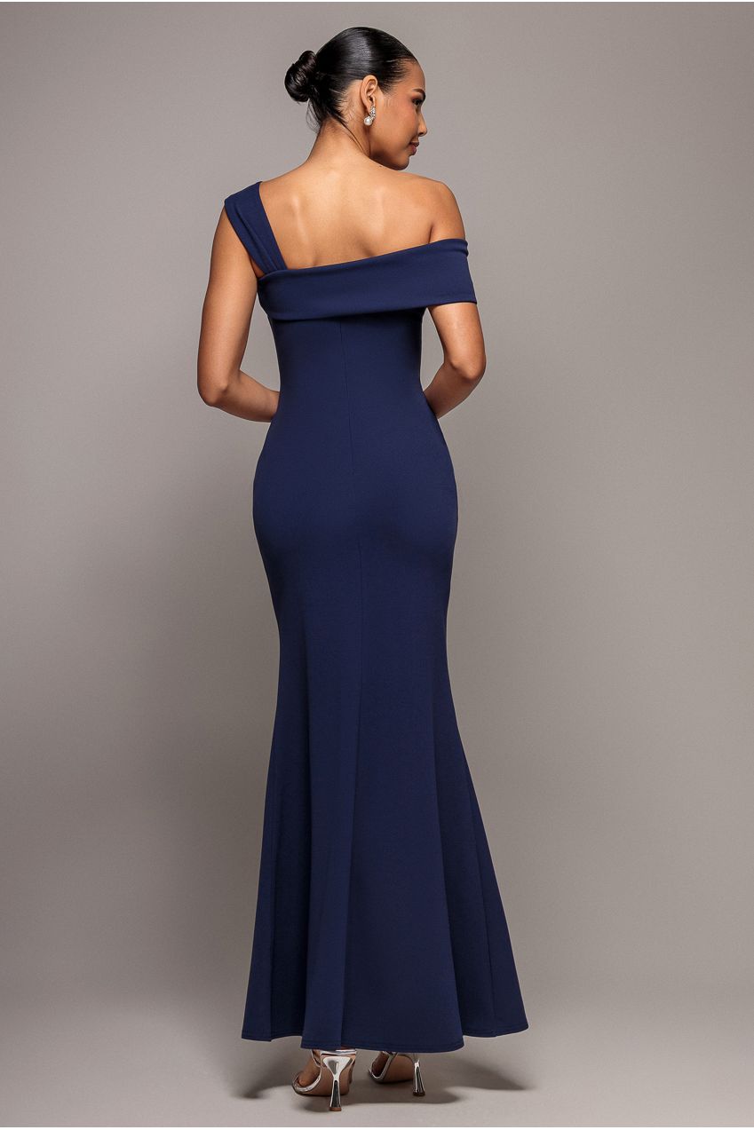 Off The Shoulder Pleated Waist Maxi Dress - Navy DR2594