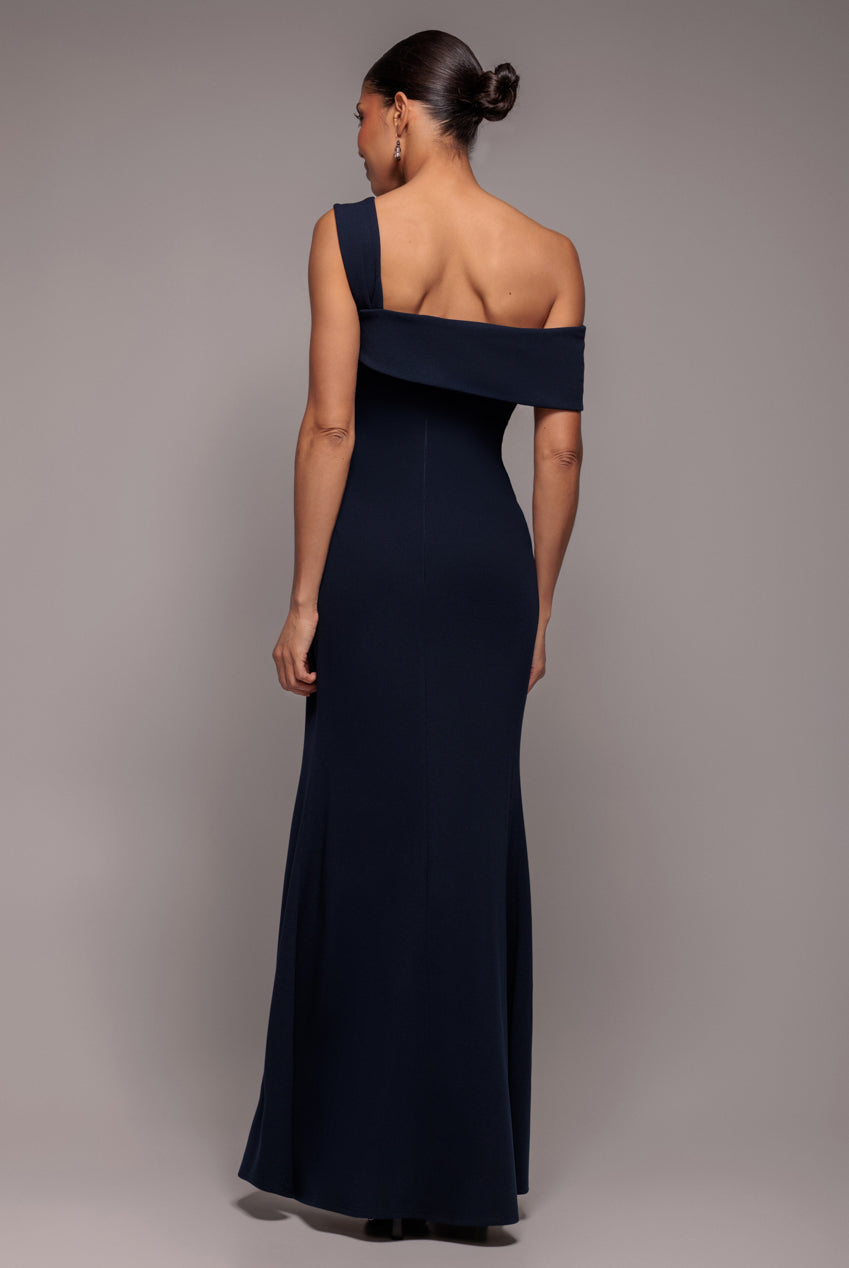 Off The Shoulder Pleated Waist Maxi Dress - Navy DR2594
