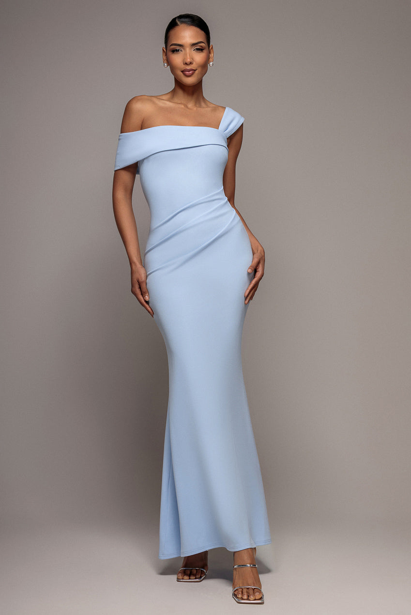 Off The Shoulder Pleated Waist Maxi Dress - Powder Blue DR2594