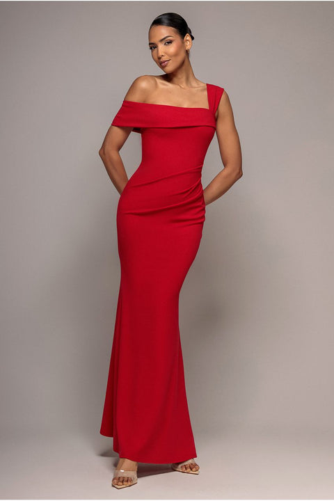 Off The Shoulder Pleated Waist Maxi Dress - Red by Goddiva