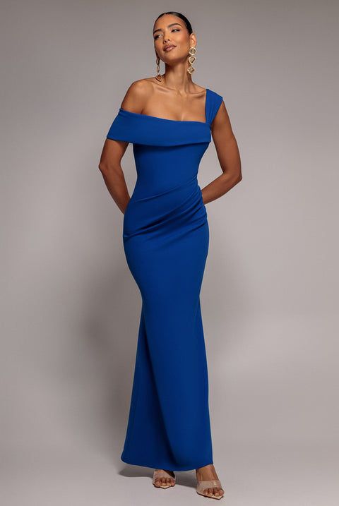 Sustainable Off Shoulder Asymmetric Pleated Waist Maxi Dress - Royal Blue by Goddiva