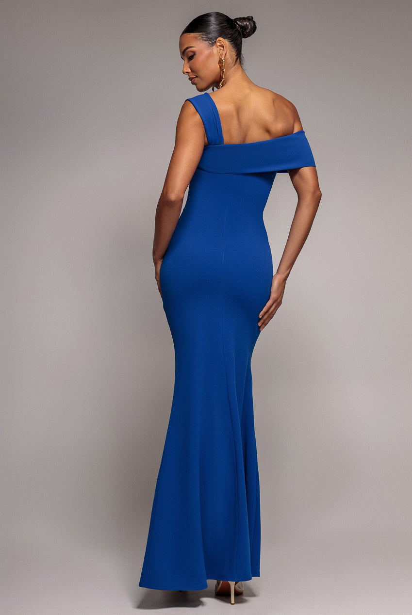 Sustainable Off Shoulder Asymmetric Pleated Waist Maxi Dress - Royal Blue DR2594SC