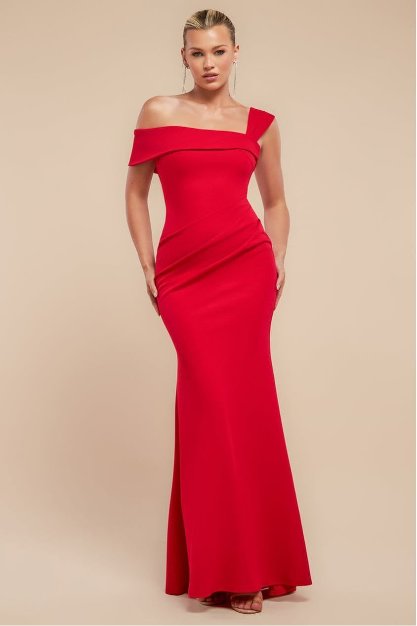 Off The Shoulder Pleated Waist Maxi Dress - Red DR2594