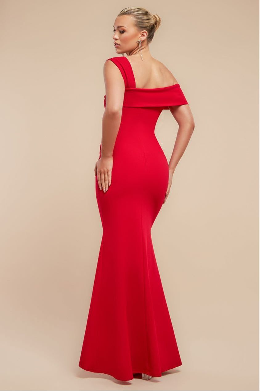 Off The Shoulder Pleated Waist Maxi Dress - Red DR2594