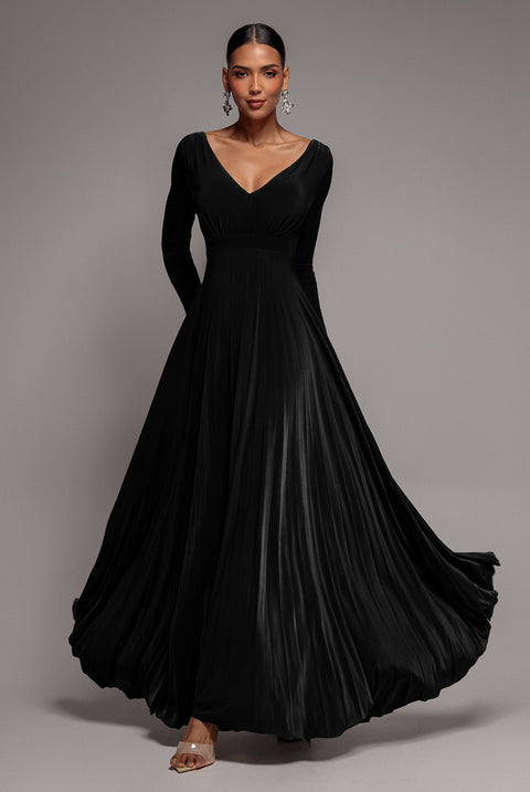 Plunge Neck Long Sleeve A Line Maxi Dress - Black by Goddiva
