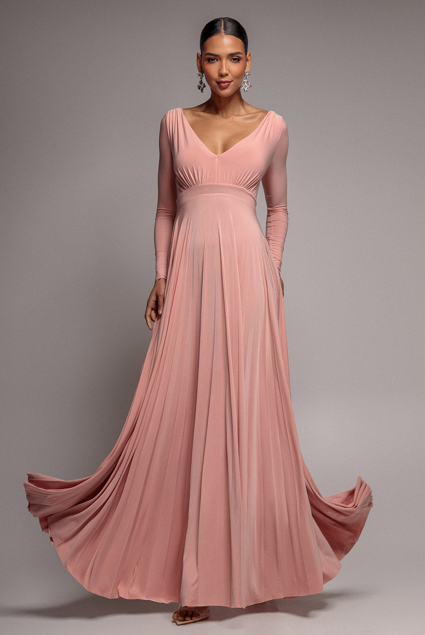 Plunge Neck Long Sleeve A Line Maxi Dress - Blush Pink DR2608