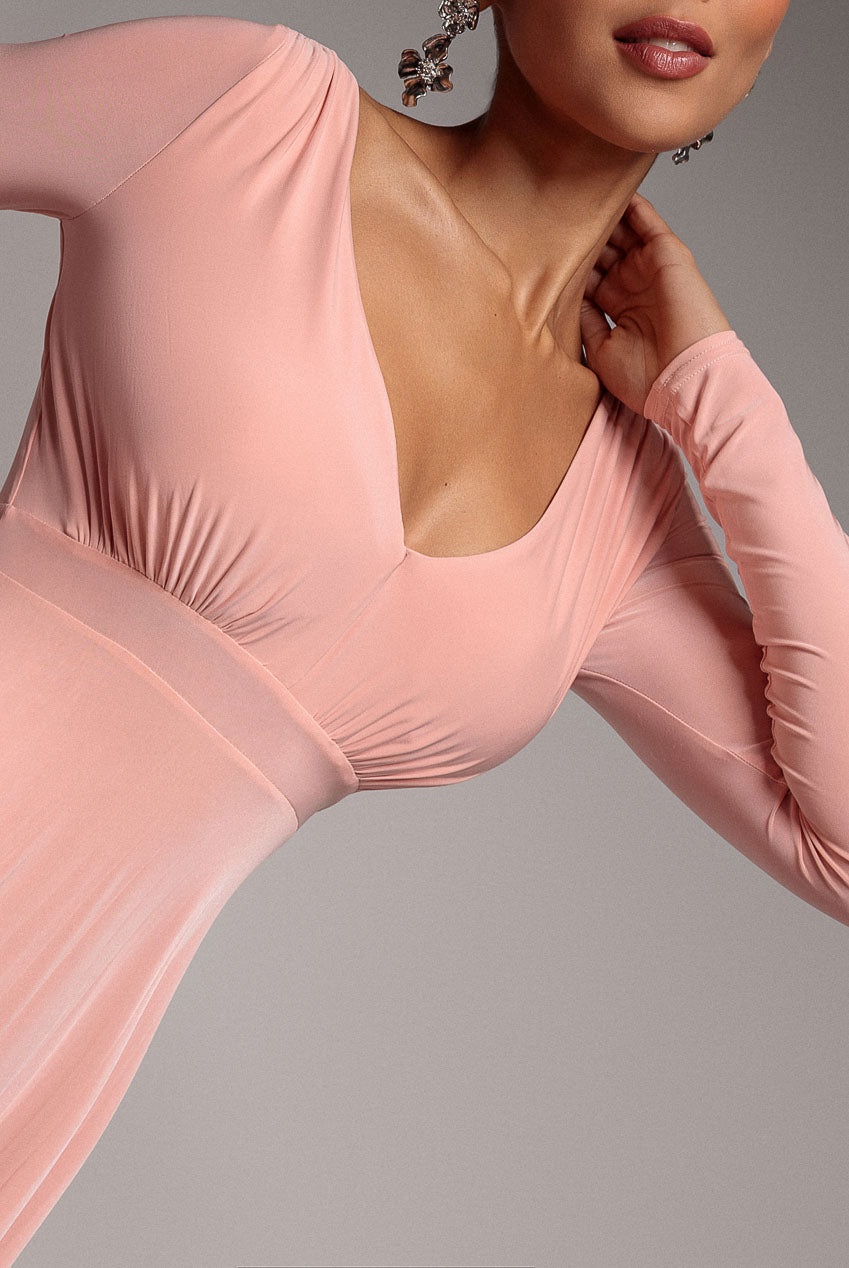 Plunge Neck Long Sleeve A Line Maxi Dress - Blush Pink DR2608