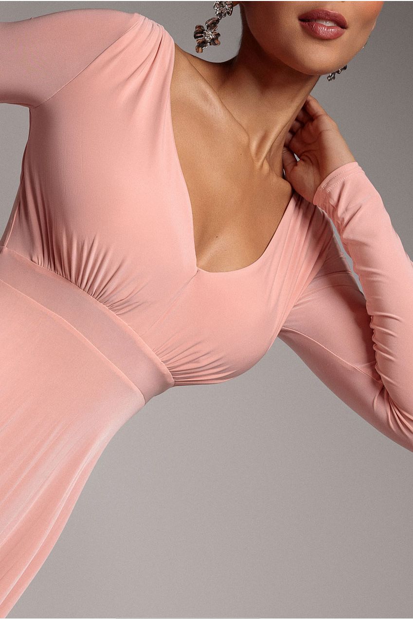 Plunge Neck Long Sleeve A Line Maxi Dress - Blush Pink DR2608