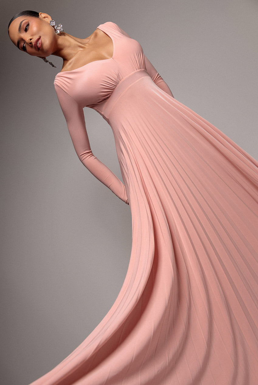 Plunge Neck Long Sleeve A Line Maxi Dress - Blush Pink DR2608