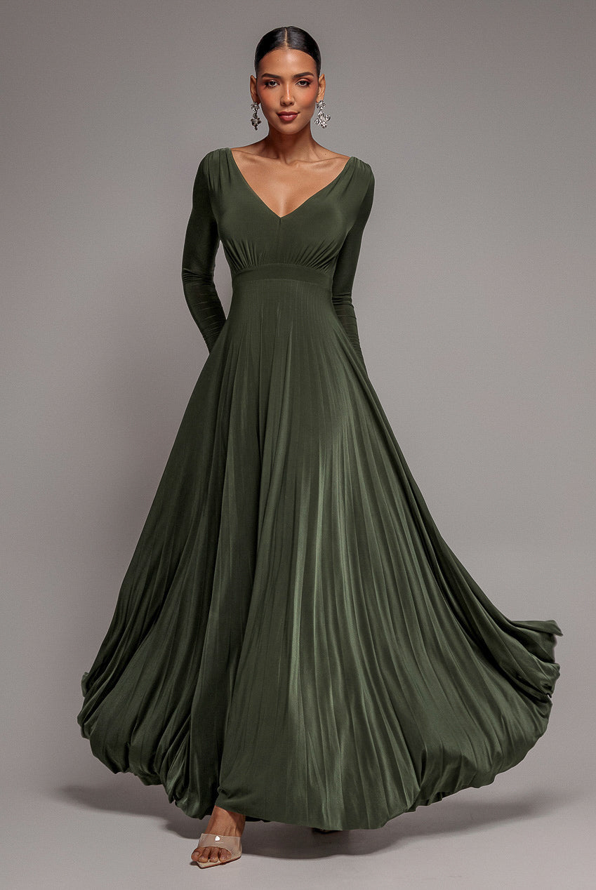 Plunge Neck Long Sleeve A-line Maxi Dress - Olive Green DR2608
