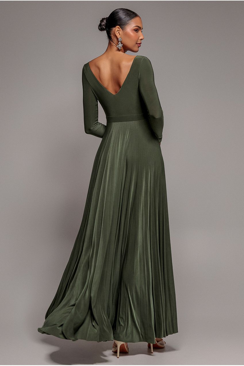 Plunge Neck Long Sleeve A-line Maxi Dress - Olive Green DR2608
