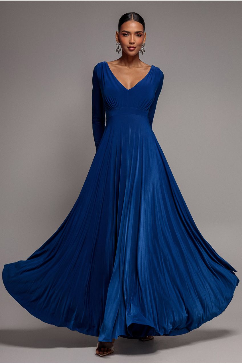 Plunge Neck Long Sleeve A Line Maxi Dress - Royal Blue DR2608
