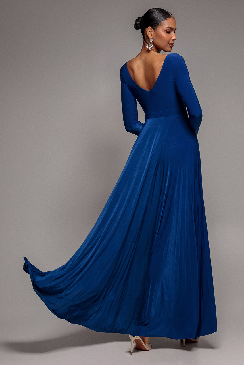 Plunge Neck Long Sleeve A Line Maxi Dress - Royal Blue DR2608