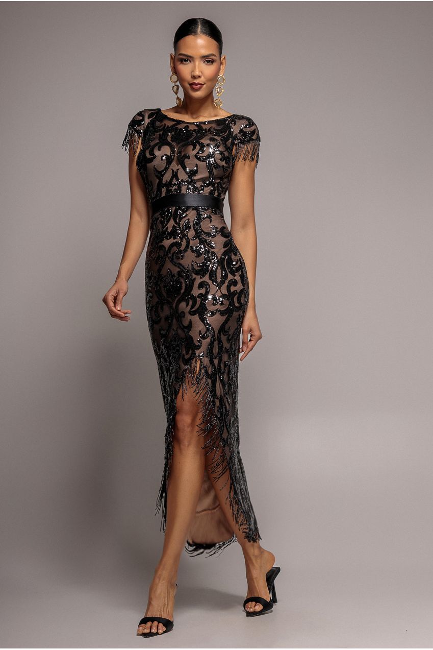 Tassel Split Maxi Dress - Black DR2616