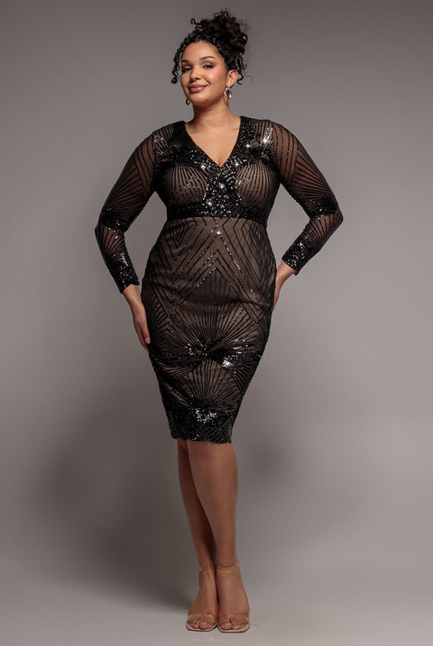 Scalloped Hem Starburst Midi Dress - Black by Goddiva Plus