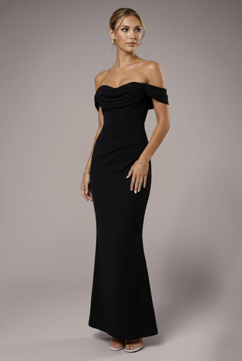 Chiffon Off The Shoulder Cowl Neck Maxi Dress - Black by Goddiva