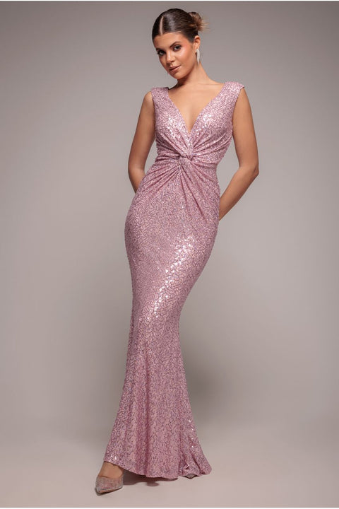 Twisted Front Sequin Maxi Dress - Blush by Goddiva