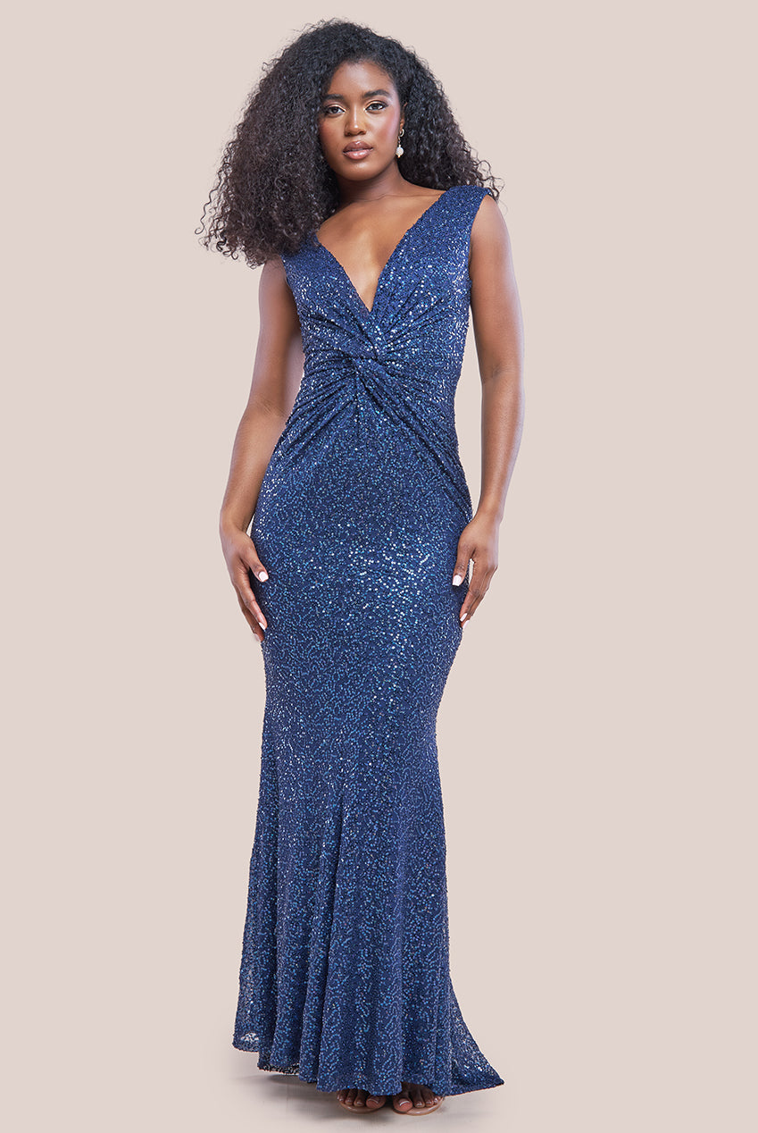 Twisted Front Sequin Maxi - Navy DR2723