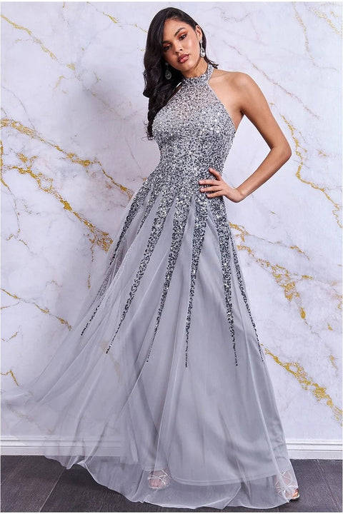 Halter Neck Sequin Open Back Occasion Dress - Silver by Danaya