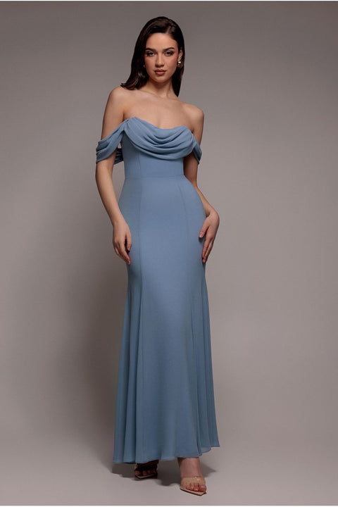 Chiffon Bardot Cowl Neck Maxi Dress - Duskyblue by Goddiva