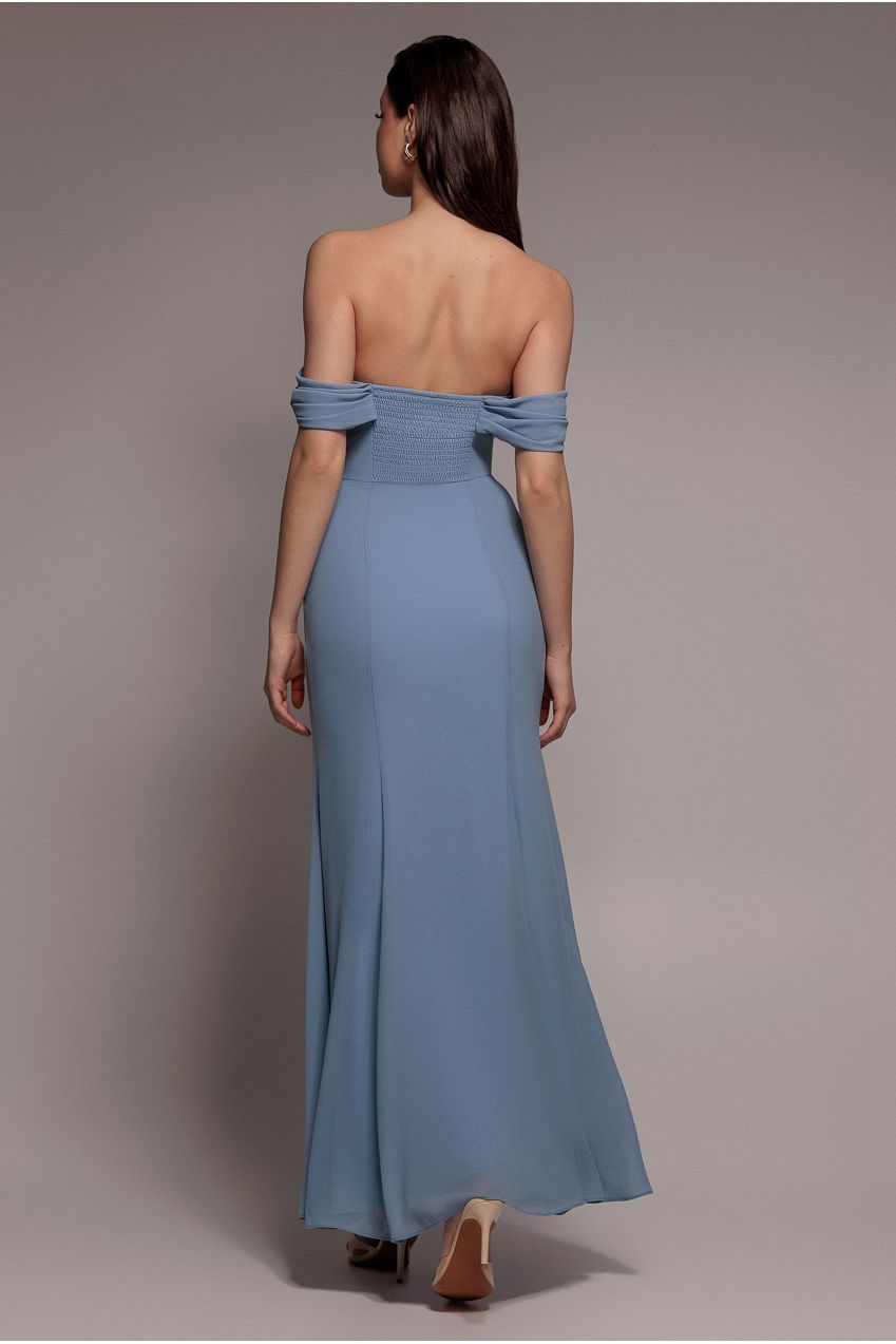 Chiffon Bardot Cowl Neck Maxi Dress - Duskyblue DR2781A