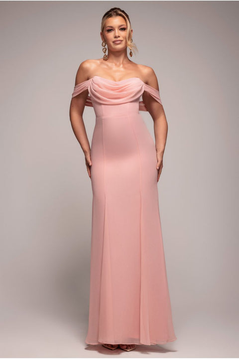 Chiffon Bardot Cowl Neck Maxi Dress - Blush Pink by Goddiva