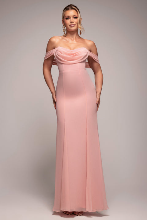 Chiffon Bardot Cowl Neck Maxi Dress - Blush Pink by Goddiva