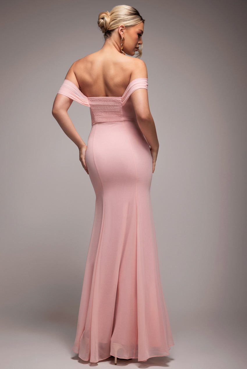 Chiffon Bardot Cowl Neck Maxi Dress - Blush Pink DR2781A