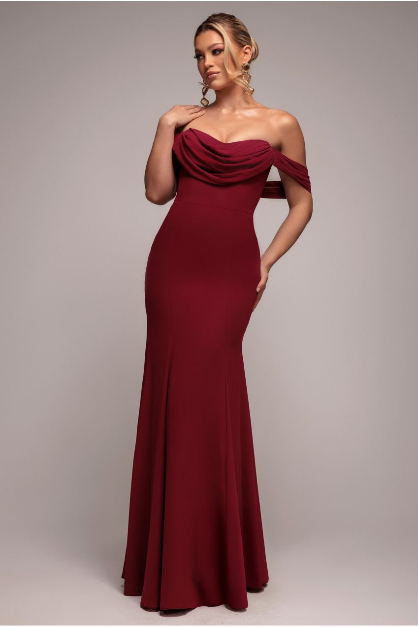 Chiffon Bardot Cowl Neck Maxi Dress - Burgundy Red DR2781A