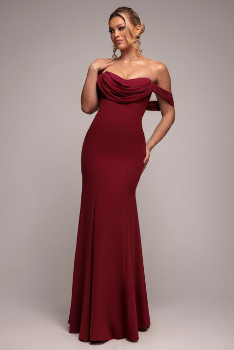 Chiffon Bardot Cowl Neck Maxi Dress - Burgundy Red by Goddiva