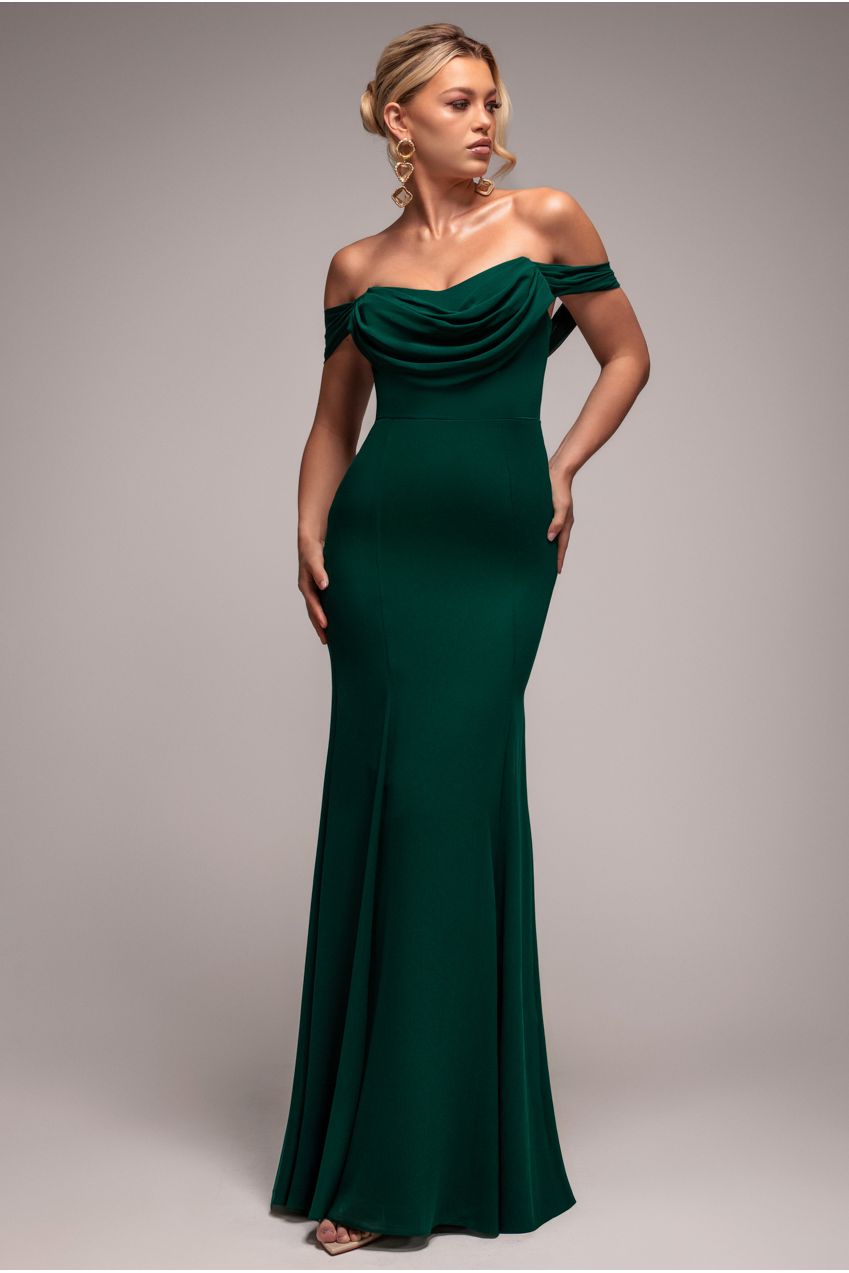 Chiffon Bardot Cowl Neck Maxi Dress - Emerald Green | Goddiva Chiffon Bardot Cowl Neck Maxi Dress - Emerald Green | Goddiva