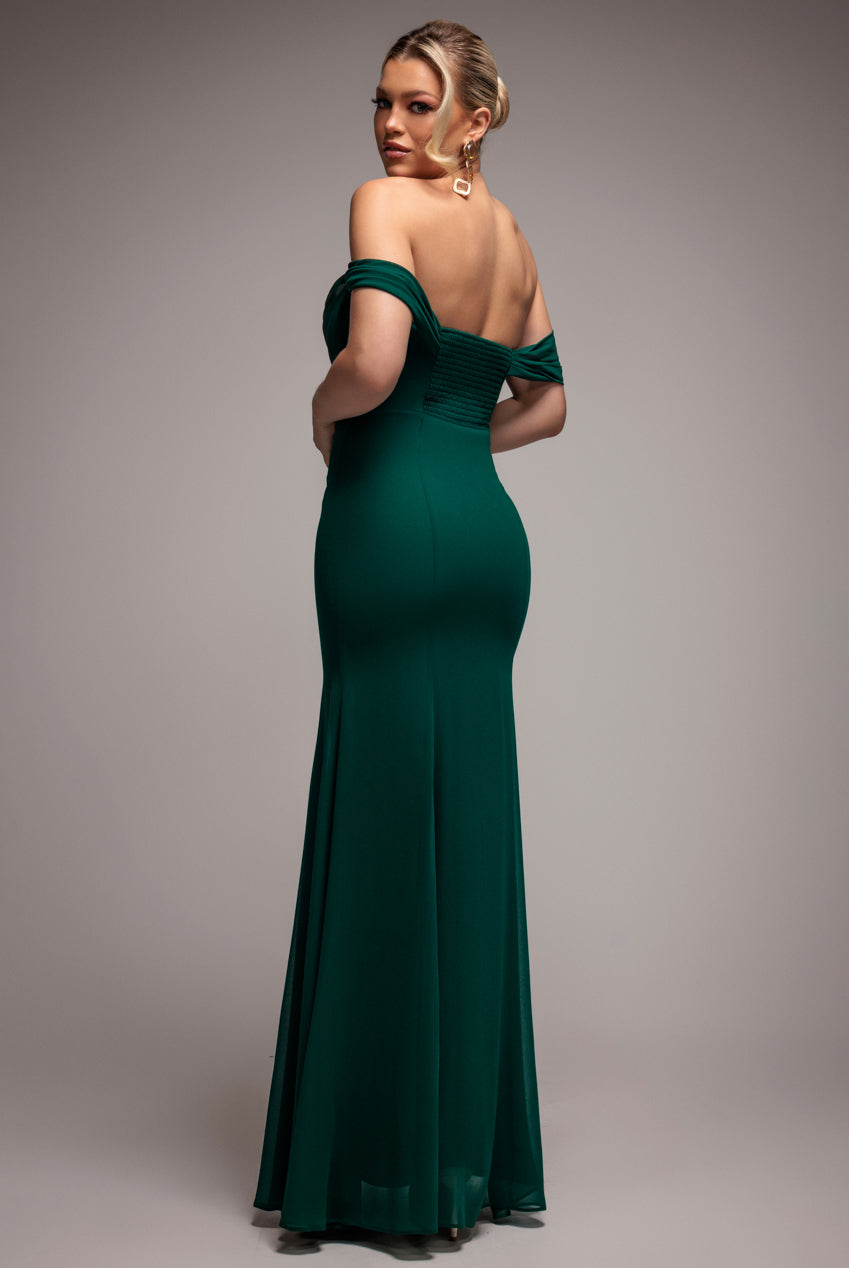 Chiffon Bardot Cowl Neck Maxi Dress - Emerald Green DR2781A