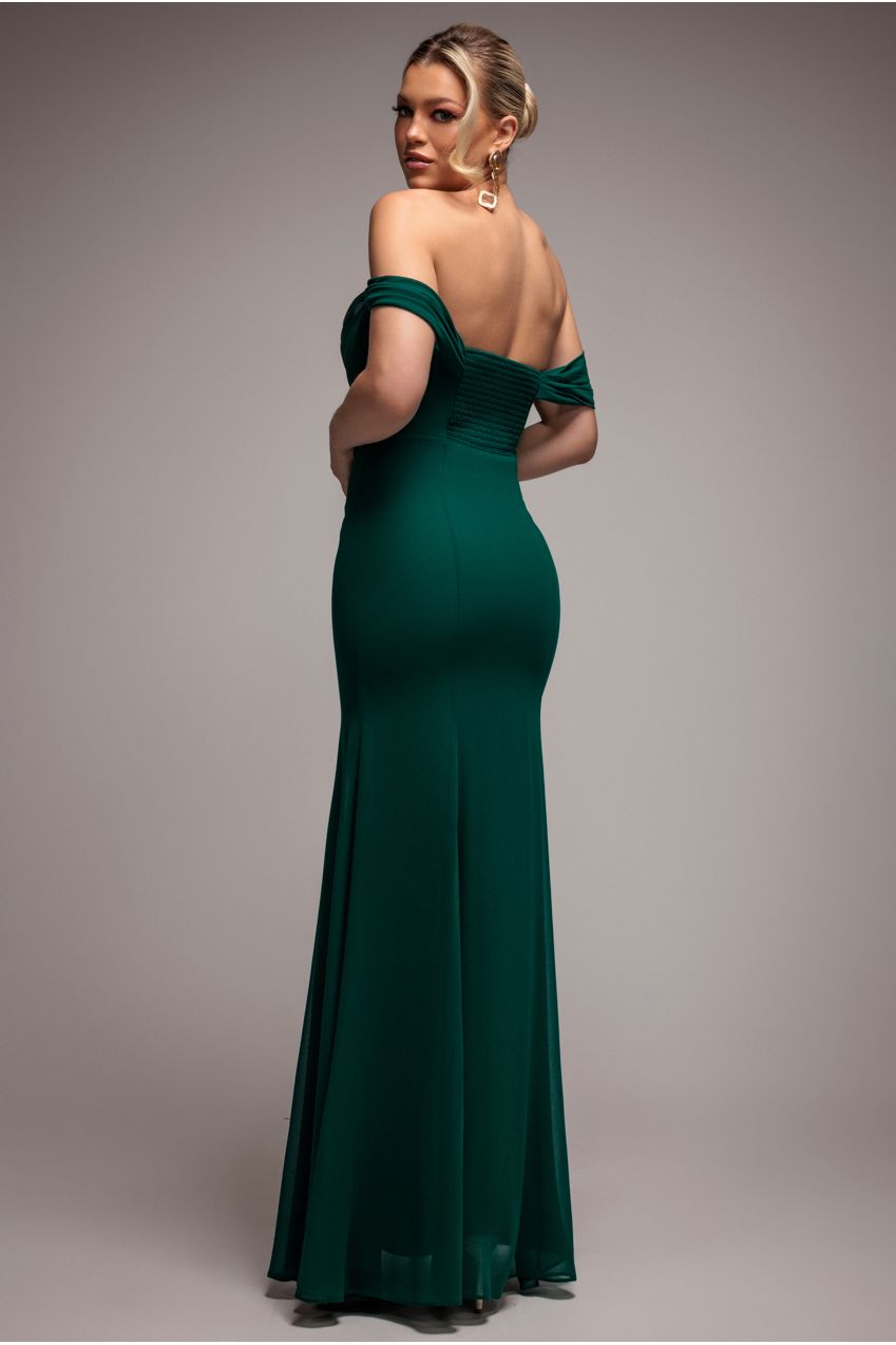 Chiffon Bardot Cowl Neck Maxi Dress - Emerald Green DR2781A