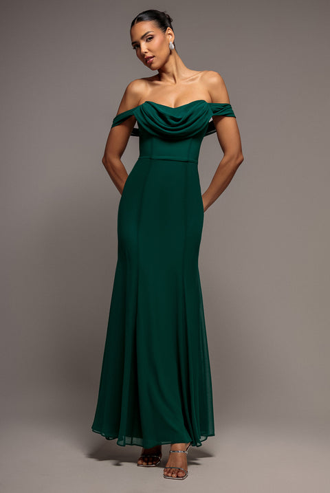 Chiffon Bardot Cowl Neck Maxi Dress - Green by Goddiva