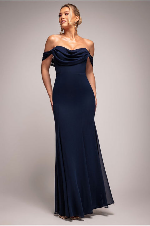 Chiffon Bardot Cowl Neck Maxi Dress - Navy by Goddiva