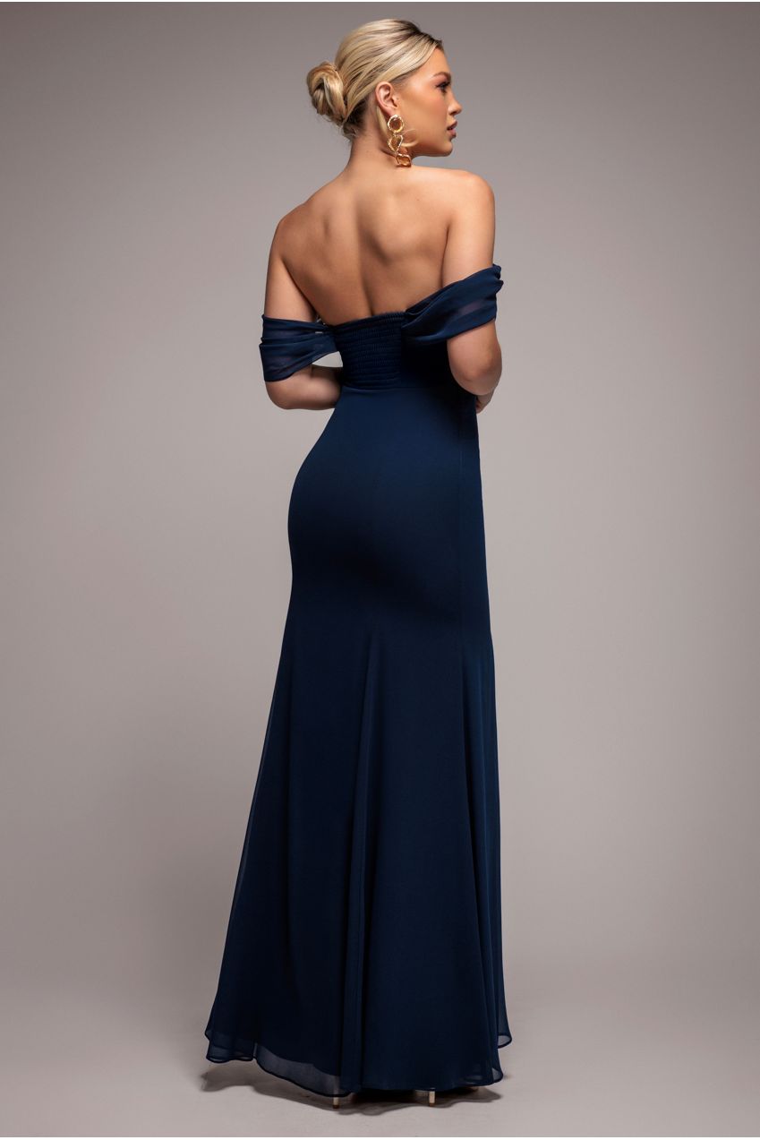 Chiffon Bardot Cowl Neck Maxi Dress - Navy DR2781A