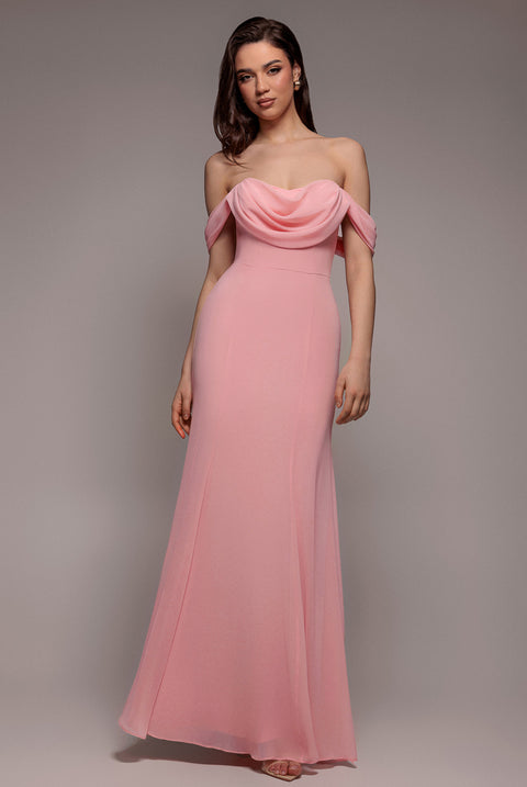 Chiffon Bardot Cowl Neck Maxi Dress - Blush by Goddiva
