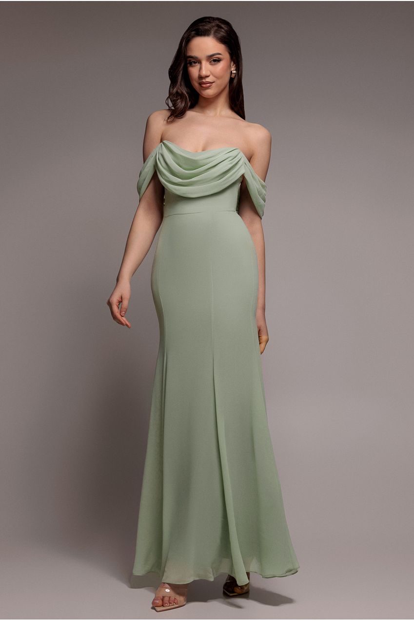 Chiffon Bardot Cowl Neck Maxi Dress - Sage Green DR2781A