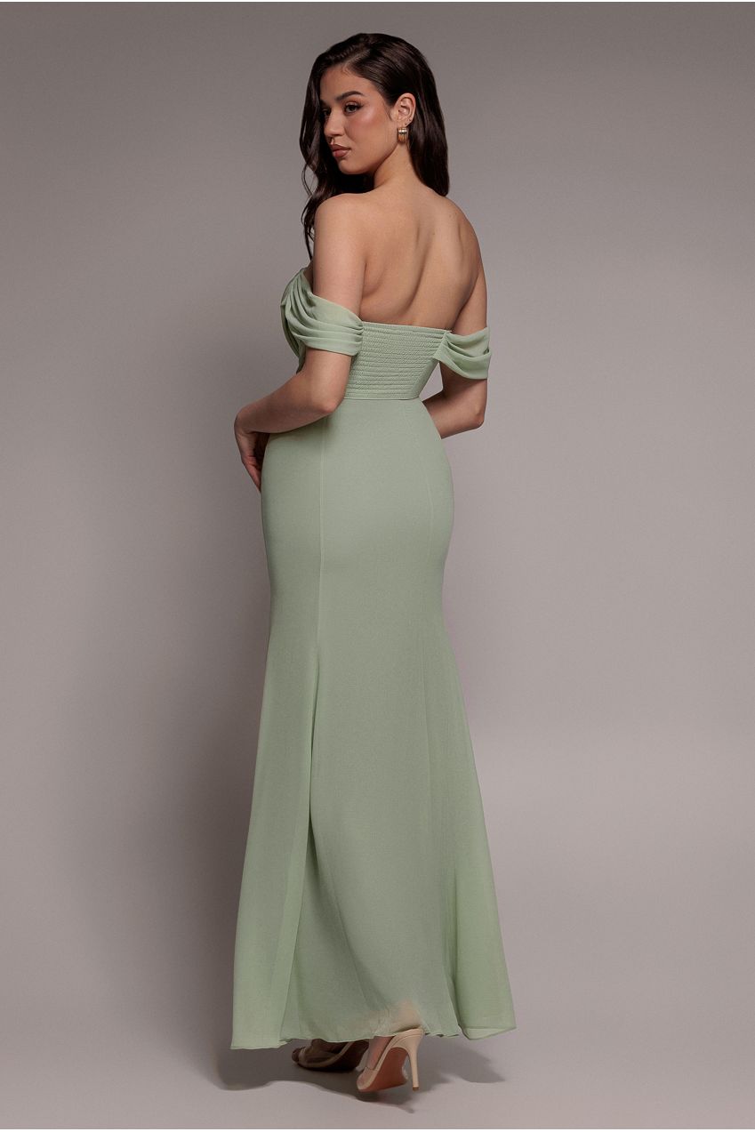 Chiffon Bardot Cowl Neck Maxi Dress - Sage Green DR2781A