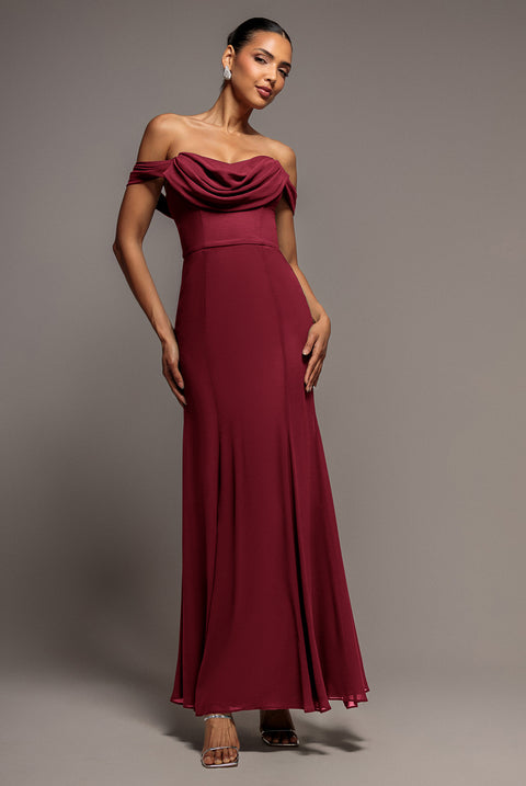 Chiffon Bardot Cowl Neck Maxi Dress - Wine by Goddiva