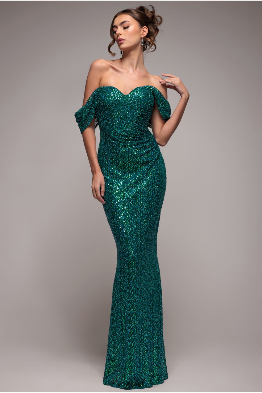 Off The Shoulder Sequin Wing Maxi - Emerald Green | Goddiva Off The Shoulder Sequin Wing Maxi - Emerald Green | Goddiva