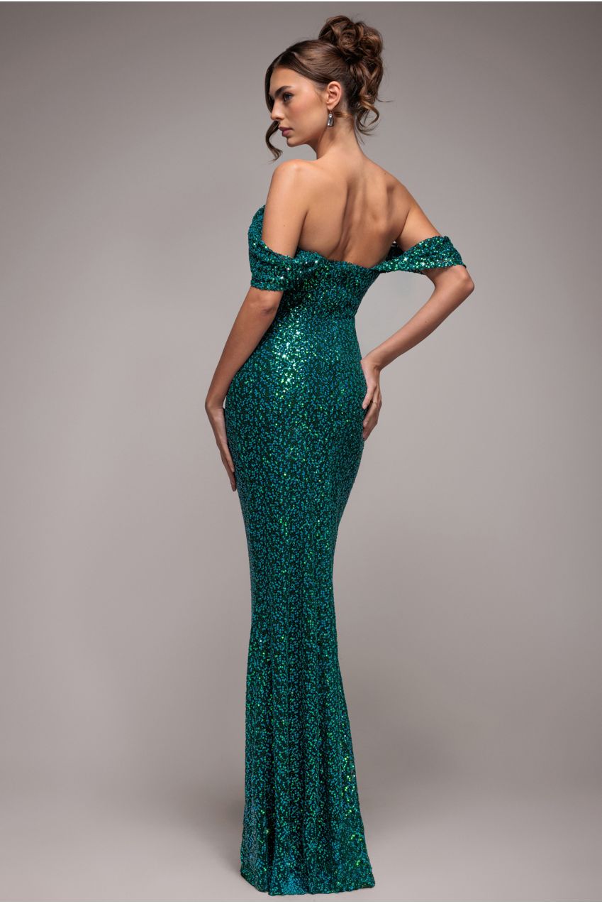 Off The Shoulder Sequin Wing Maxi - Emerald Green DR2791