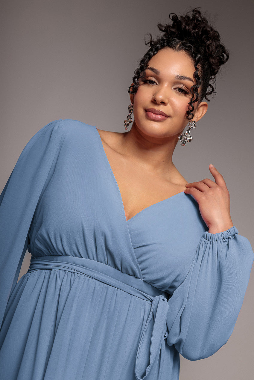 Wrap Back With Front Slit Chiffon Maxi Dress - Airforce Blue DR2800P