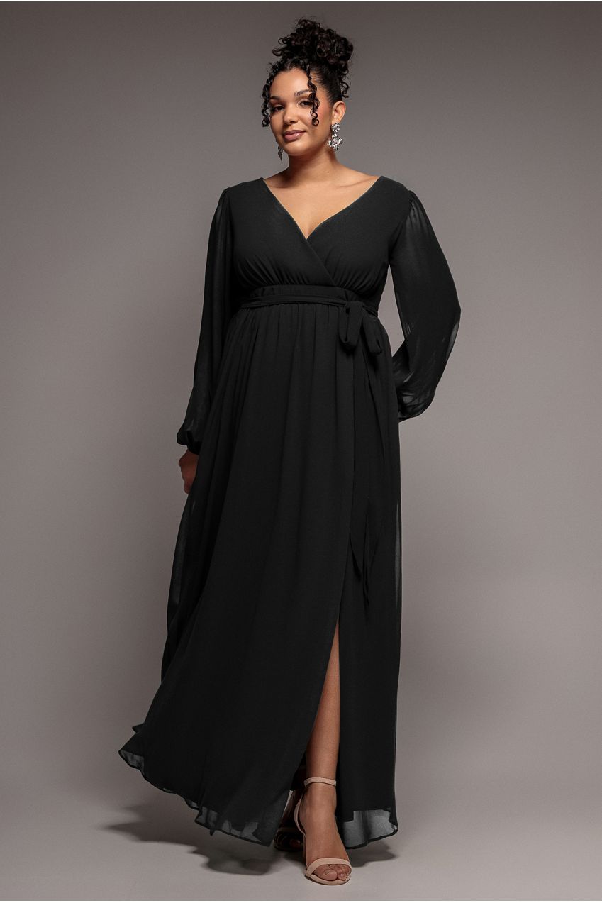 Wrap Back With Front Slit Chiffon Maxi Dress - Black DR2800P