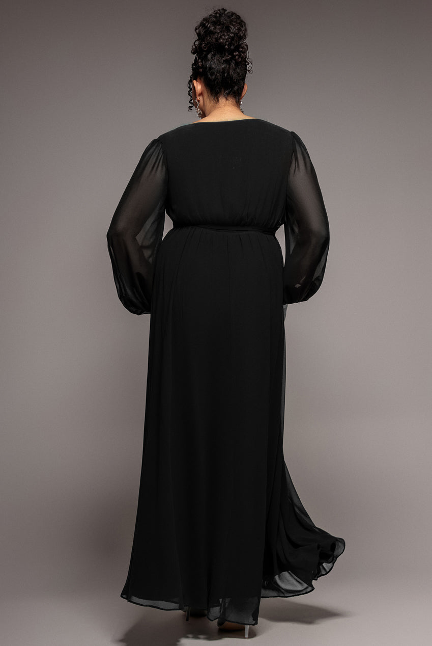 Wrap Back With Front Slit Chiffon Maxi Dress - Black DR2800P